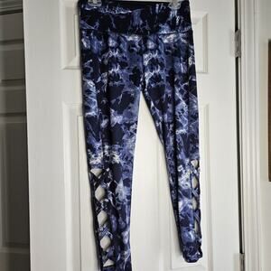 Vogo Athletica Blue White Abstract Leggings Full Length Cut Outs Size M